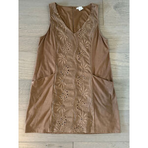 Black Swan Tan Floral Embroidered Suede Mini Dress Medium